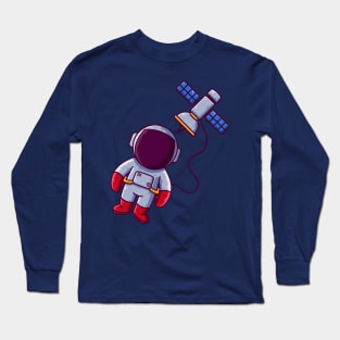 Cute Astronaut Floating with Satellite Cartoon Long Sleeve T-Shirt